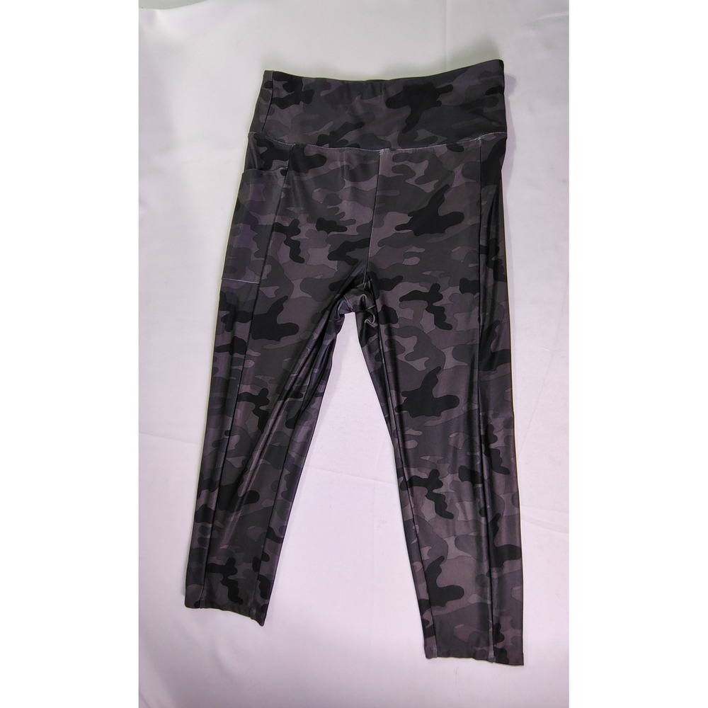 Zone Pro Womens Camo Capri Athletic Leggings High Waist Pockets Gray Black Large